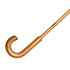 A wooden-handled umbrella with a curved hook grip and a long shaft in a warm, brown finish.