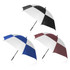 Three umbrellas in black and white, blue and white, and maroon and white checkerboard patterns, each with a black handle.