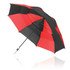 A 75cm umbrella featuring a bold red and black design, with a straight handle and a branding logo.