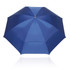 A blue 75cm umbrella with eight panels and a central silver button, featuring a simple design and a logo.