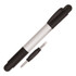 A silver and black ballpoint pen with a screwdriver attachment at one end, featuring a logo on the barrel.