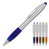 A silver ballpoint stylus pen with a blue grip, accompanied by five additional pens in different colours.