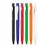 A collection of ballpoint pens in black, blue, red, green, orange, and white, featuring a clip and smooth design.