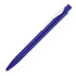 A blue ballpoint pen with a white clip and a sleek design. It features a branding logo.