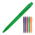 A green ballpoint pen displayed alongside additional pens in black, red, blue, orange, and clear colours.