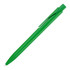 A solid green ballpoint pen with a clip and a smooth barrel, featuring a logo.