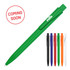 A green ballpoint pen with a clip, accompanied by additional pens in black, blue, red, orange, and clear.