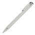 A metallic silver ballpoint pen with a sleek design and a shiny chrome clip. It features a branding logo.