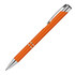 A metallic orange ballpoint pen with silver accents and a clip, featuring a simple logo.