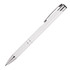 A metallic white ballpoint pen with chrome accents and a clip, featuring a sleek design.