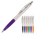 A ballpoint pen with a silver barrel and a purple grip, alongside five other colour variations: black, green, red, orange, and blue.