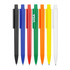 A set of ballpoint pens in black, blue, red, green, yellow, and white, featuring a logo on one pen.