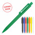 A green ballpoint pen stands out among a variety of pens in black, blue, red, orange, yellow, and white, featuring a logo.
