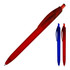 A ballpoint pen in matte red rubber finish, with a curved grip and silver tip. Also shown are blue versions of the pen.