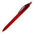 A red ballpoint pen with a matte rubber finish and a clip for easy attachment. It features a branding logo.