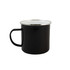 A black enamel mug with a silver rim and a sturdy handle.