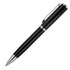A black ballpoint pen with a sleek design and silver accents, featuring a clip and a smooth tip for writing.
