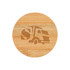 A round bamboo coaster with a truck logo etched on its surface.