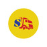A round yellow graphic featuring a stylised red and blue truck logo.