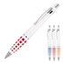 A white metal ballpoint pen featuring red square patterns, with a silver clip and available in three colours.