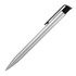A ballpoint pen with a gloss black clip and a sleek silver barrel. The pen has a minimalist design and features a logo.