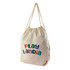 A beige drawstring backpack with a colorful logo. It has two sturdy rope handles.