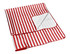 A red and white striped picnic rug, extra large, featuring a bordered edge and a logo.