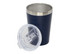 A travel mug in navy blue with a stainless steel interior and a clear lid. It features a logo.