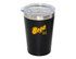 A travel mug in black with a clear lid and a logo on the side. It features a stainless steel rim.