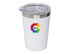 A drink bottle featuring a white body, a clear lid, and a logo in vibrant rainbow colours.