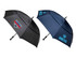 A black and navy golf umbrella featuring a logo, with a sleek, dual-panel design.