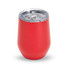 A red plastic tumbler with a clear lid, featuring a smooth, Zen mirror finish. It also has a logo on its surface.