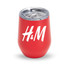 A drink bottle featuring a glossy red finish with a clear, removable lid and a logo.