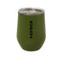A drink bottle in a matte green finish with a clear lid and a logo. Suitable for beverages.
