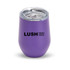 A purple drink tumbler with a clear lid and a logo on the front.