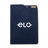A navy blue A5 notebook with a textured cover, featuring a logo and a pen tucked into the side.
