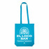 A bright blue cotton tote bag featuring a logo and graphic design associated with a bar.