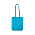 A bright turquoise colored cotton long handle bag with sturdy shoulder straps.