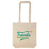 A tote bag in a natural color featuring a logo with green and blue text and an airplane graphic.