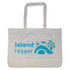 A large, white reusable grocery bag with blue branding featuring tropical elements like a palm tree and an airplane.