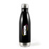 A drink bottle in black with a stainless steel base, featuring a logo on its surface.