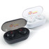 Wireless earbuds in black and white, housed in a compact charging case with a transparent lid and a logo.