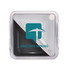 A square lunch box with a transparent lid, featuring a logo and a white fork inside. The container is black and clear.