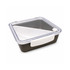 A square, black lunch box with a clear lid and a white handle, featuring a logo.