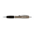 A metal pen in bronze with black grip and chrome accents, featuring a logo.