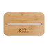 A bamboo lunch box lid featuring a phone holder slot, with a logo present.