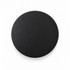 A black round food container with a smooth surface and a subtle branding element.
