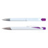 A plastic pen with a white body and purple accents, featuring a clip and a shiny silver tip.