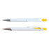 A set of Falcon Pens in a sleek plastic design, featuring a white body with yellow accents and chrome details.