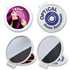 Round folding mirror with a colorful design featuring a woman with vibrant purple hair. White casing with a logo.